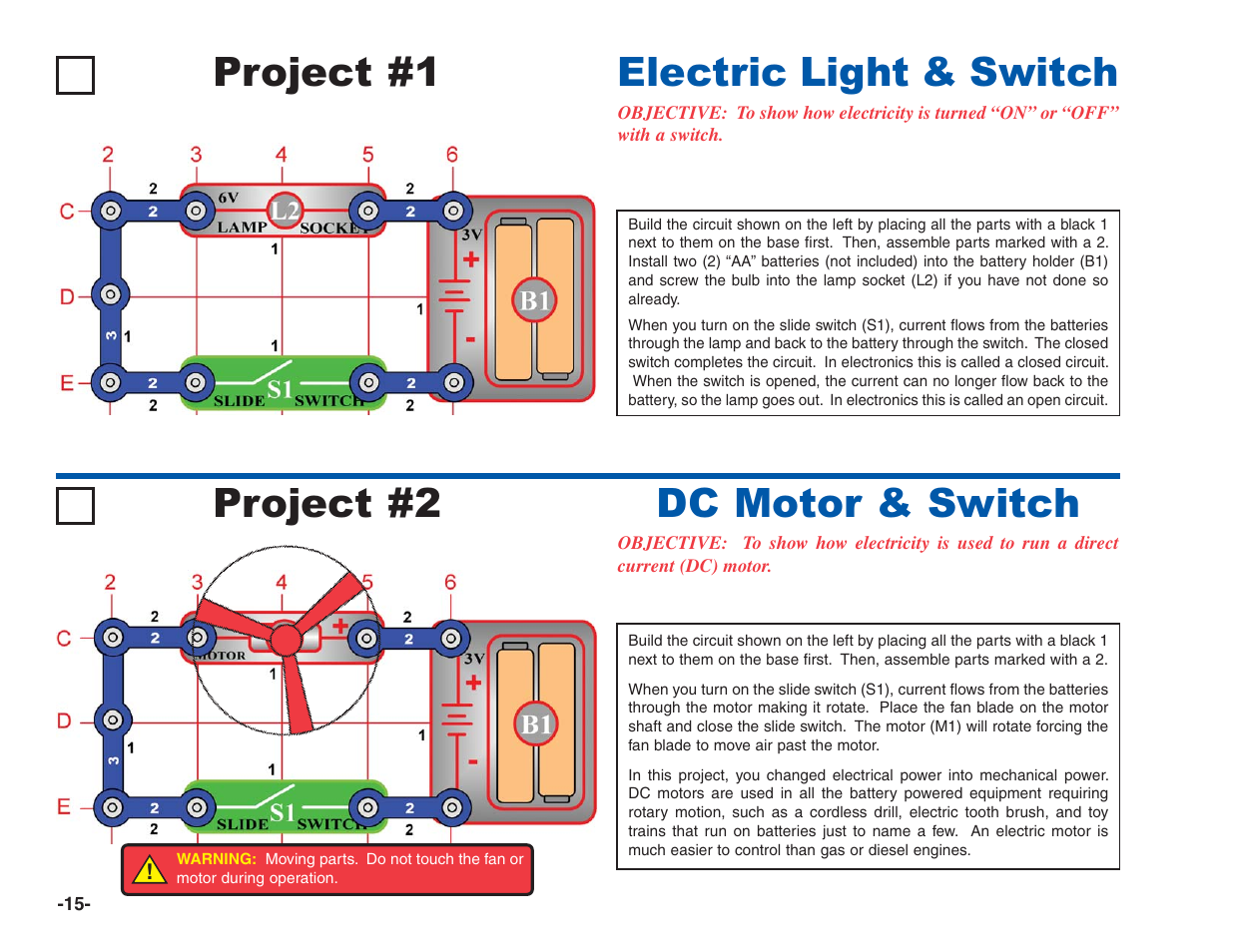 Project #1, Electric light & switch project #2, Dc motor & switch | Elenco Electronics 202 User Manual | Page 16 / 132