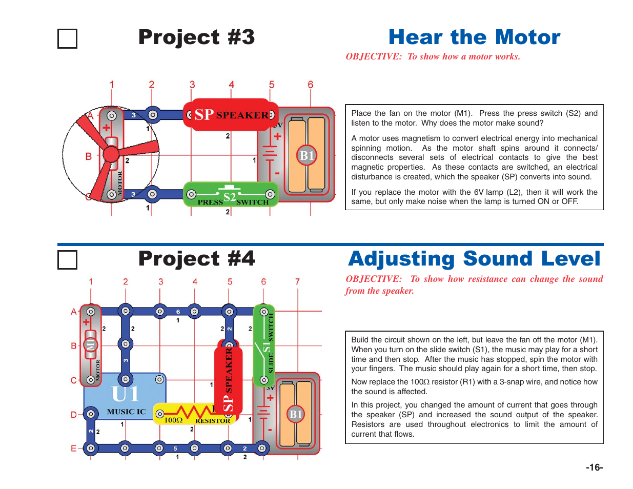 Project #4, Adjusting sound level project #3, Hear the motor | Elenco Electronics 202 User Manual | Page 17 / 132