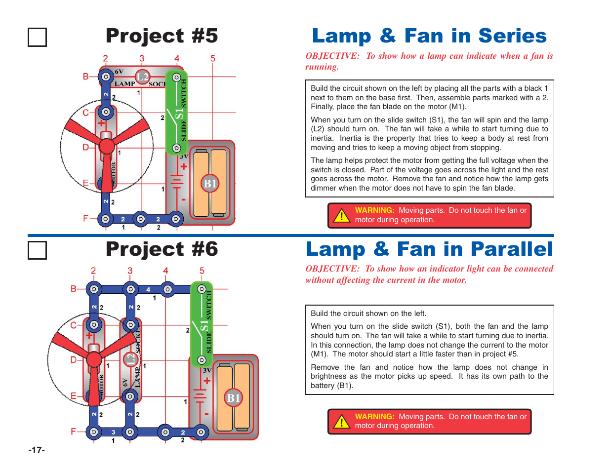 Project #5, Lamp & fan in series project #6, Lamp & fan in parallel | Elenco Electronics 202 User Manual | Page 18 / 132