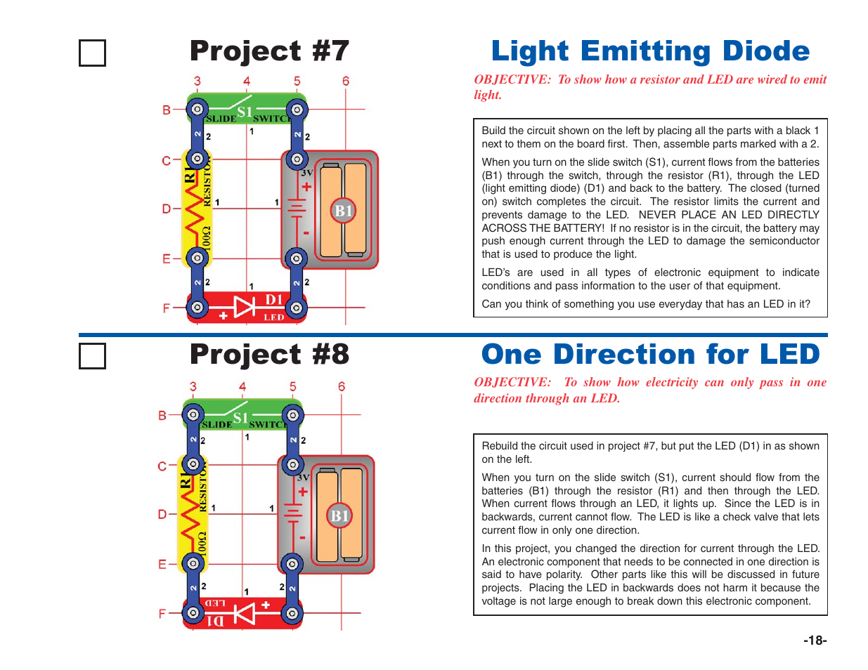Project #7, Light emitting diode project #8, One direction for led | Elenco Electronics 202 User Manual | Page 19 / 132