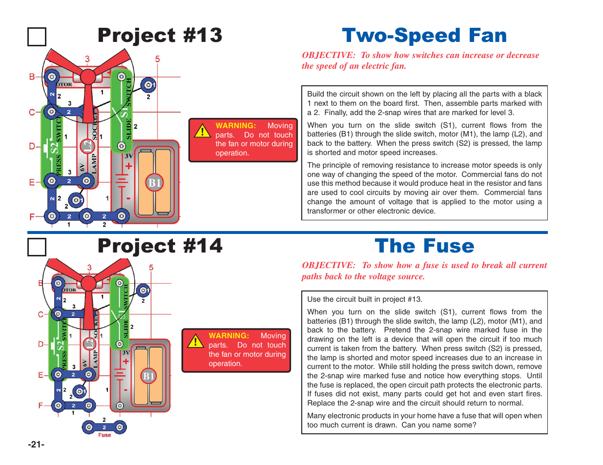 Project #13, Two-speed fan, The fuse project #14 | Elenco Electronics 202 User Manual | Page 22 / 132