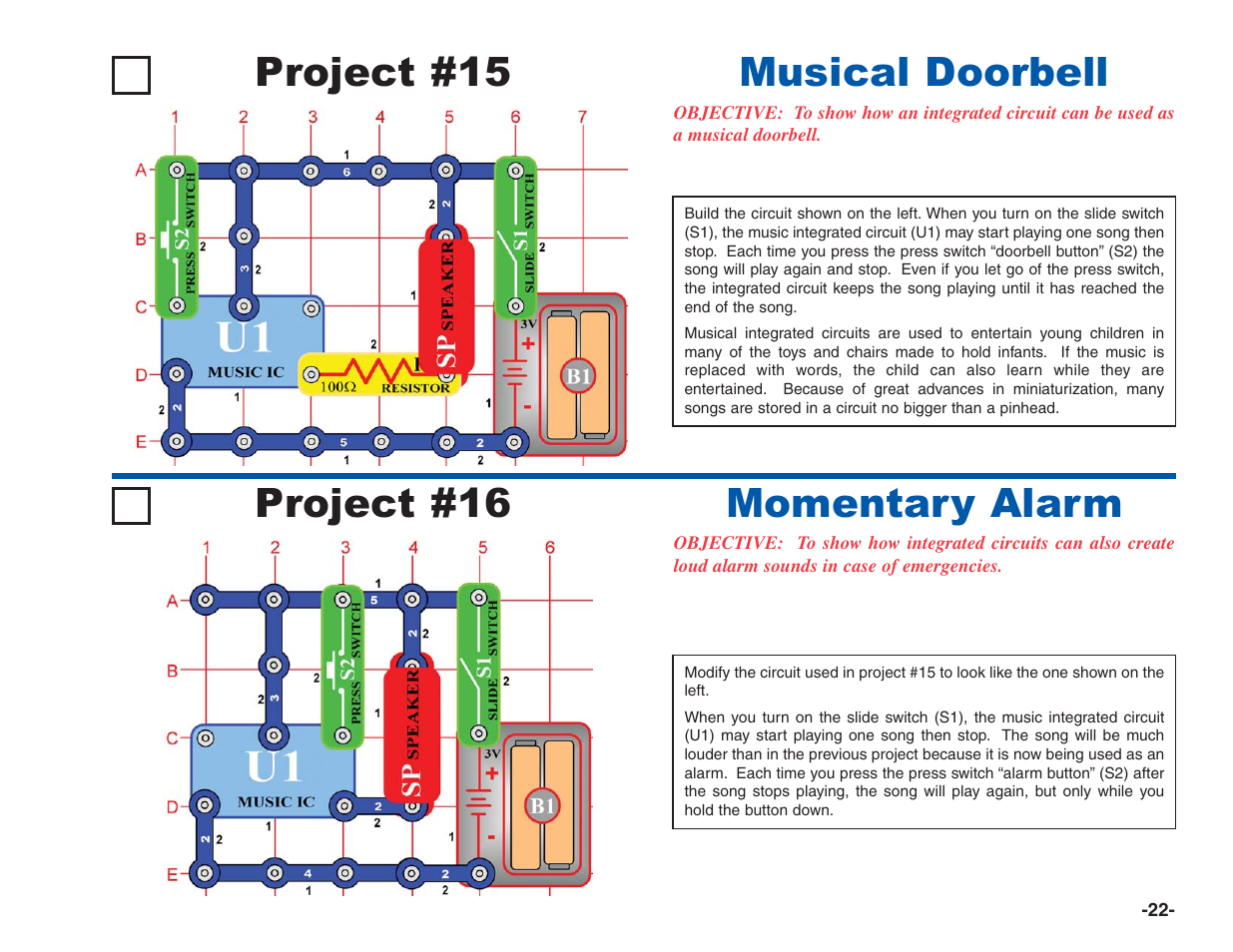 Project #15, Musical doorbell project #16, Momentary alarm | Elenco Electronics 202 User Manual | Page 23 / 132