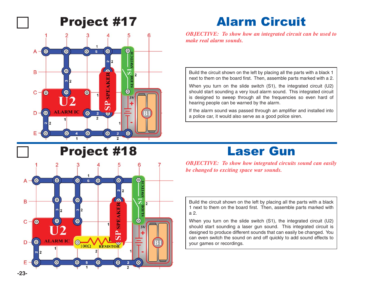 Project #17, Alarm circuit project #18, Laser gun | Elenco Electronics 202 User Manual | Page 24 / 132