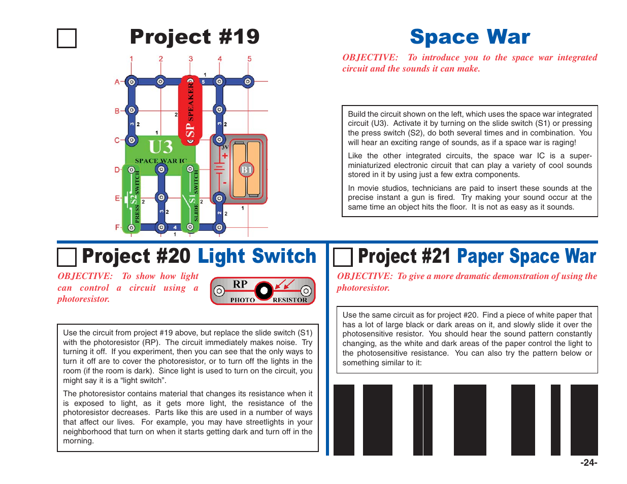 Project #19, Space war project #20 light switch, Project #21 paper space war | Elenco Electronics 202 User Manual | Page 25 / 132