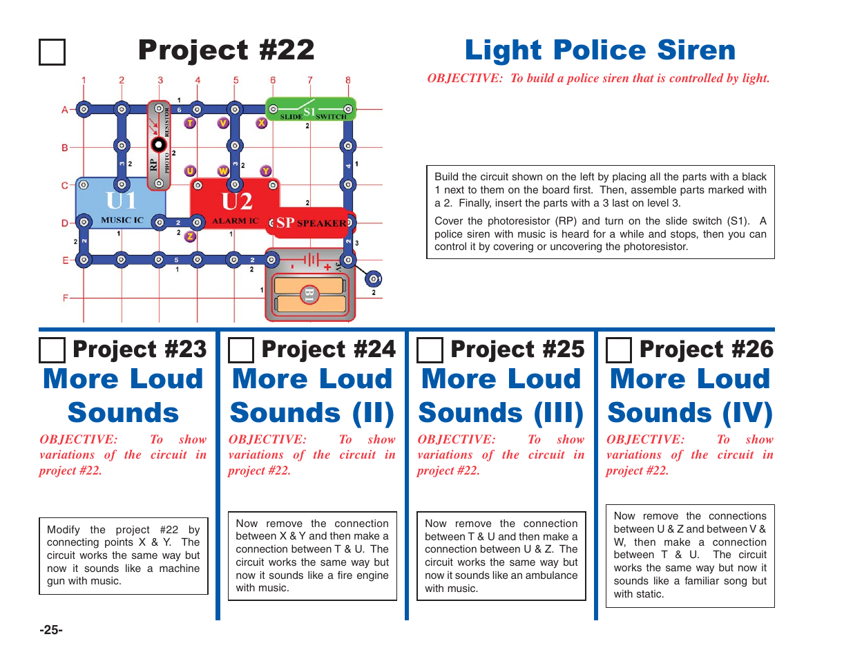 Project #22, Light police siren, More loud sounds | More loud sounds (ii), More loud sounds (iv), More loud sounds (iii), Project #23, Project #24, Project #26, Project #25 | Elenco Electronics 202 User Manual | Page 26 / 132