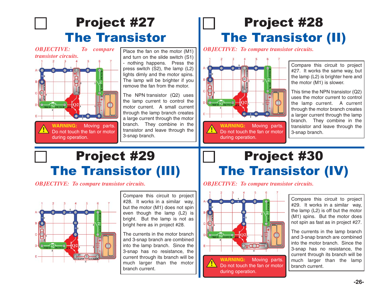Project #27 the transistor, Project #28 the transistor (ii), Project #29 the transistor (iii) | Project #30 the transistor (iv) | Elenco Electronics 202 User Manual | Page 27 / 132