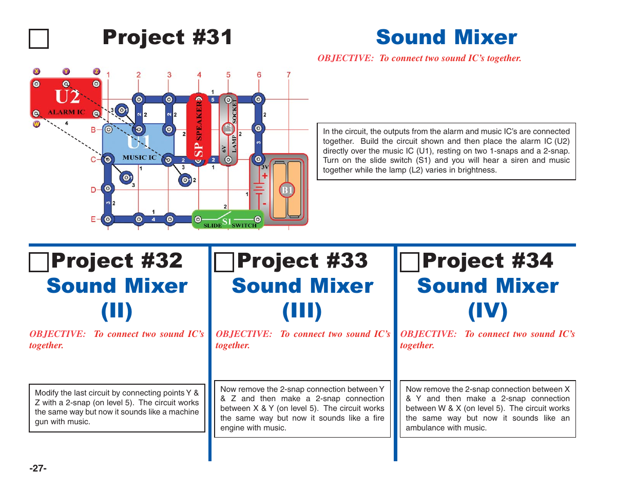 Project #31, Sound mixer, Project #34 sound mixer (iv) | Elenco Electronics 202 User Manual | Page 28 / 132