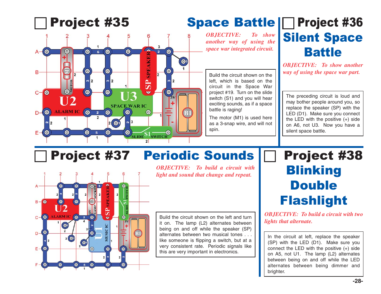 Project #38 blinking double flashlight, Project #36 silent space battle | Elenco Electronics 202 User Manual | Page 29 / 132