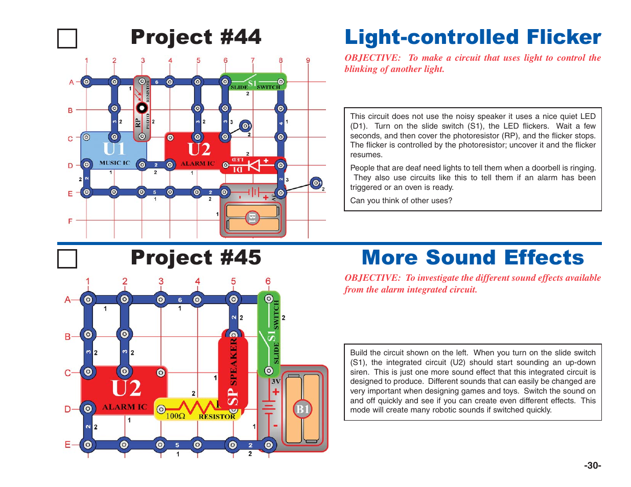Project #44, Light-controlled flicker project #45, More sound effects | Elenco Electronics 202 User Manual | Page 31 / 132