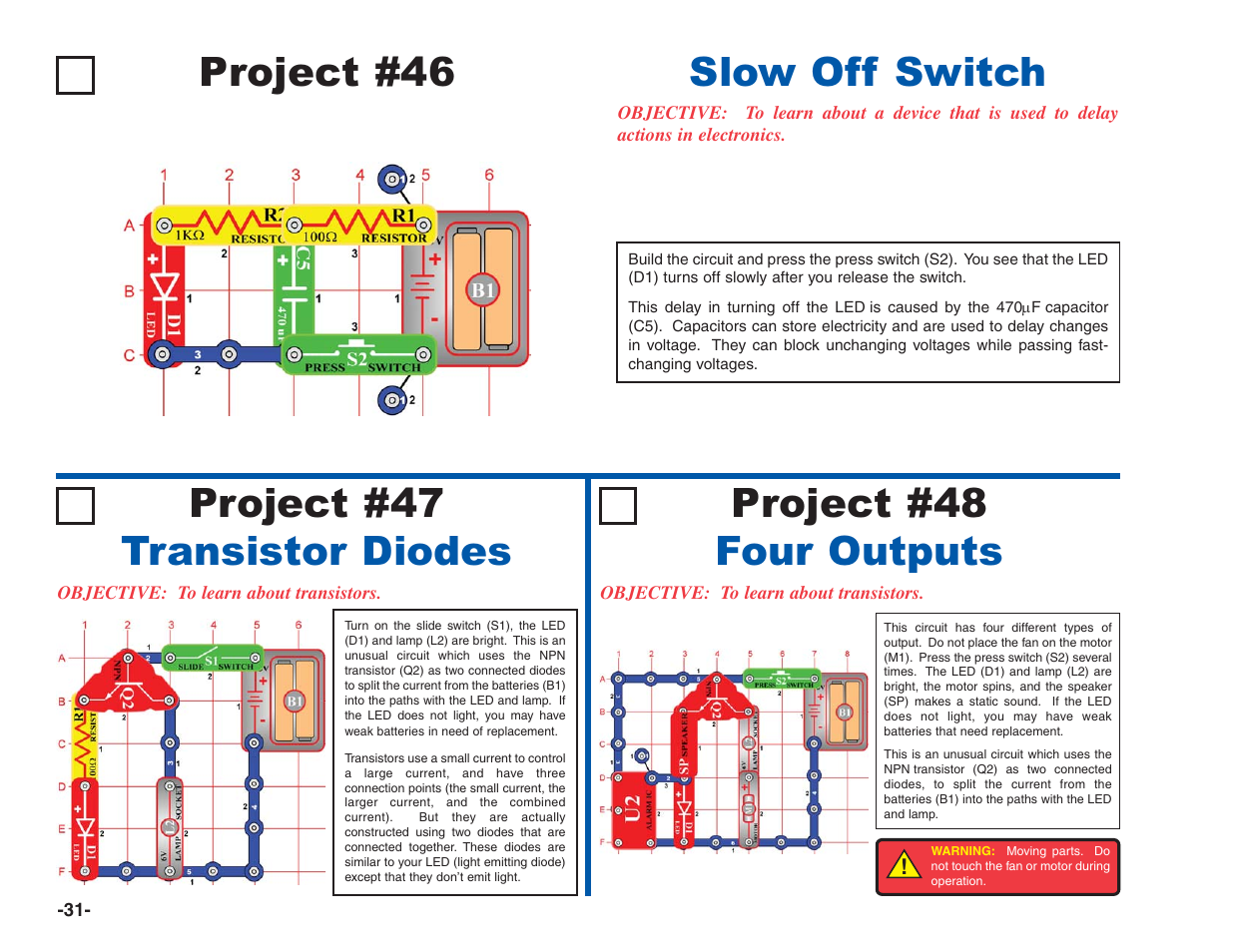 Project #46, Slow off switch project #47 transistor diodes, Project #48 four outputs | Elenco Electronics 202 User Manual | Page 32 / 132