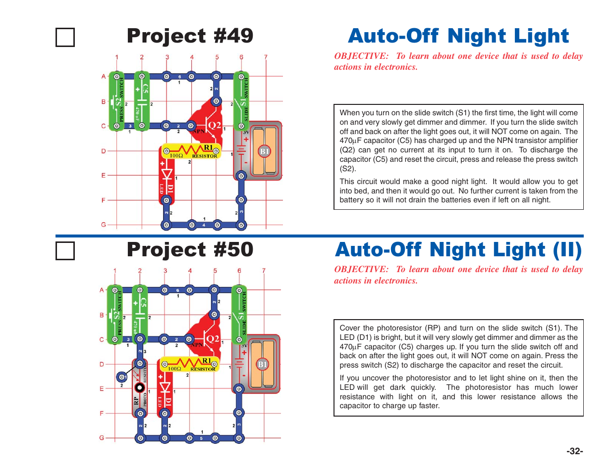 Project #49, Auto-off night light project #50, Auto-off night light (ii) | Elenco Electronics 202 User Manual | Page 33 / 132