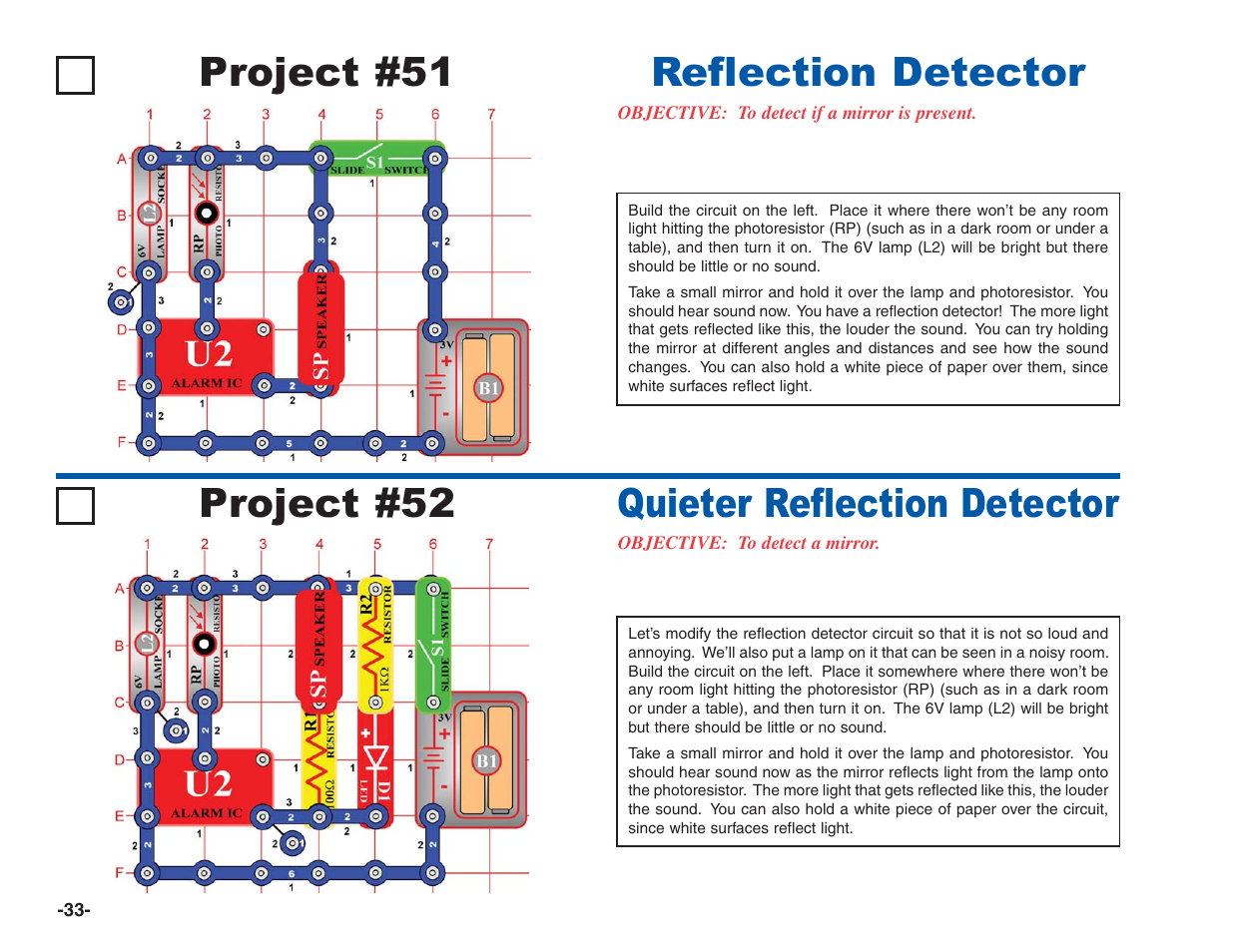 Project #51, Reflection detector project #52, Quieter reflection detector | Elenco Electronics 202 User Manual | Page 34 / 132