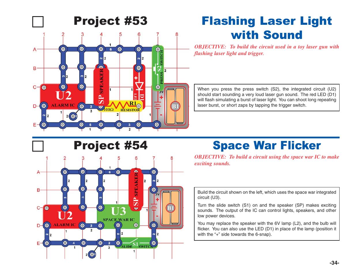 Project #53, Flashing laser light with sound project #54, Space war flicker | Elenco Electronics 202 User Manual | Page 35 / 132