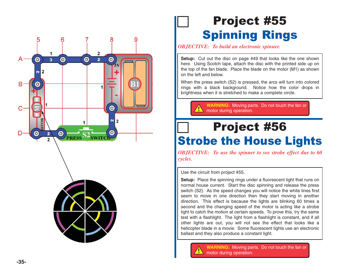 Project #55, Spinning rings, Project #56 | Strobe the house lights | Elenco Electronics 202 User Manual | Page 36 / 132