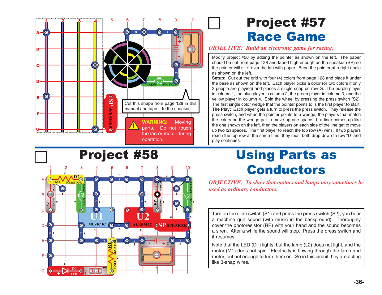 Project #57, Race game project #58, Using parts as conductors | Elenco Electronics 202 User Manual | Page 37 / 132