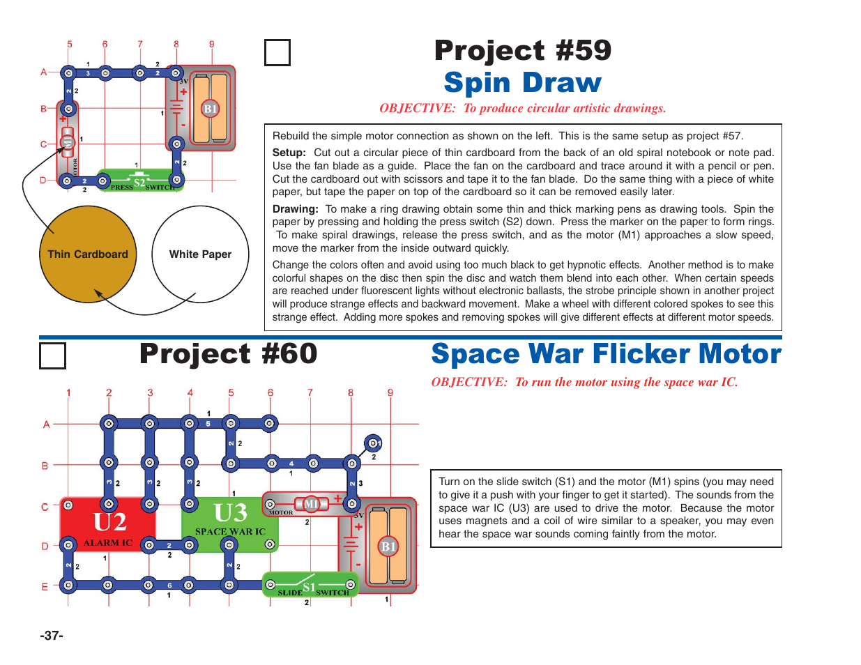 Project #59, Spin draw project #60, Space war flicker motor | Elenco Electronics 202 User Manual | Page 38 / 132