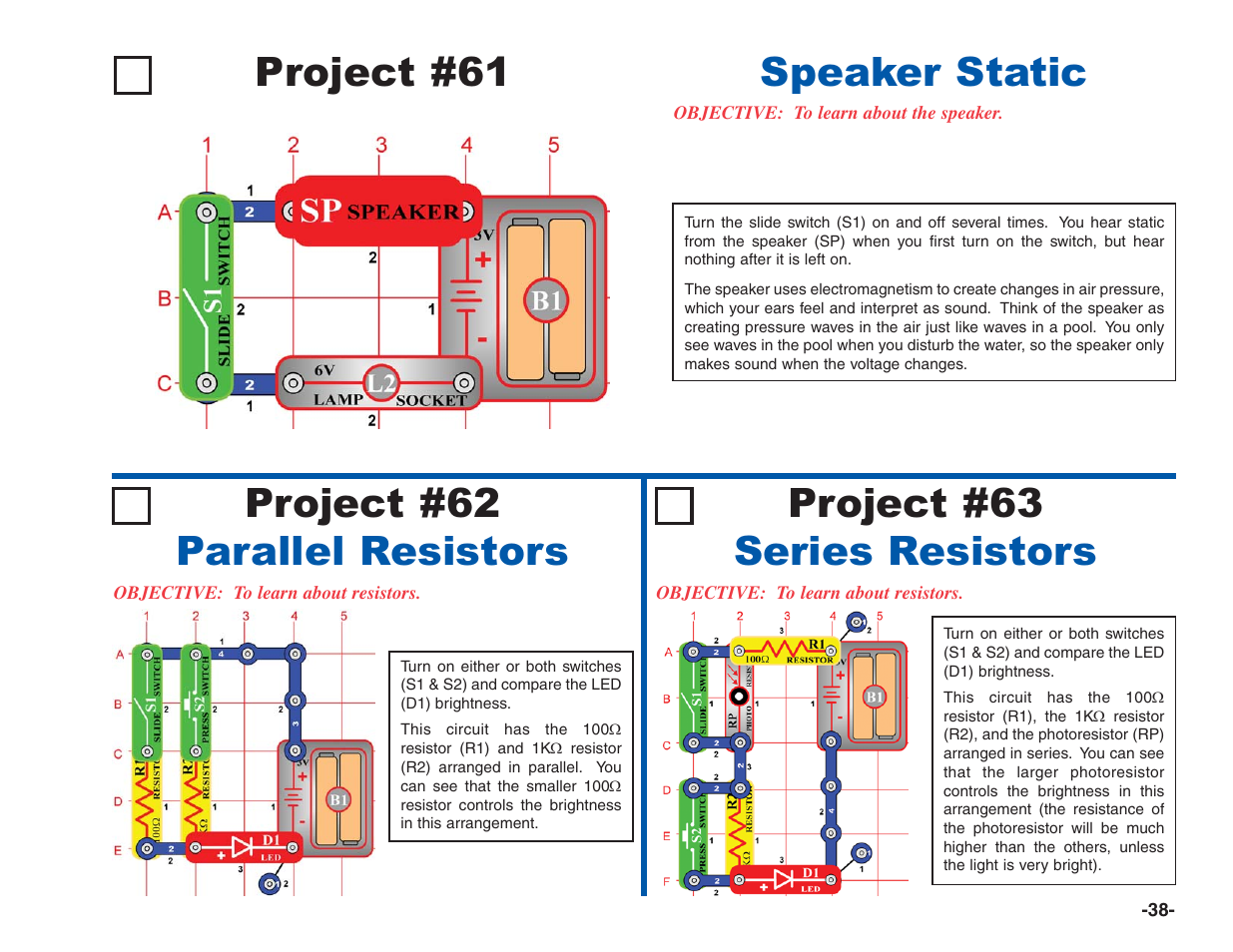 Project #61, Speaker static project #62 parallel resistors, Project #63 series resistors | Elenco Electronics 202 User Manual | Page 39 / 132