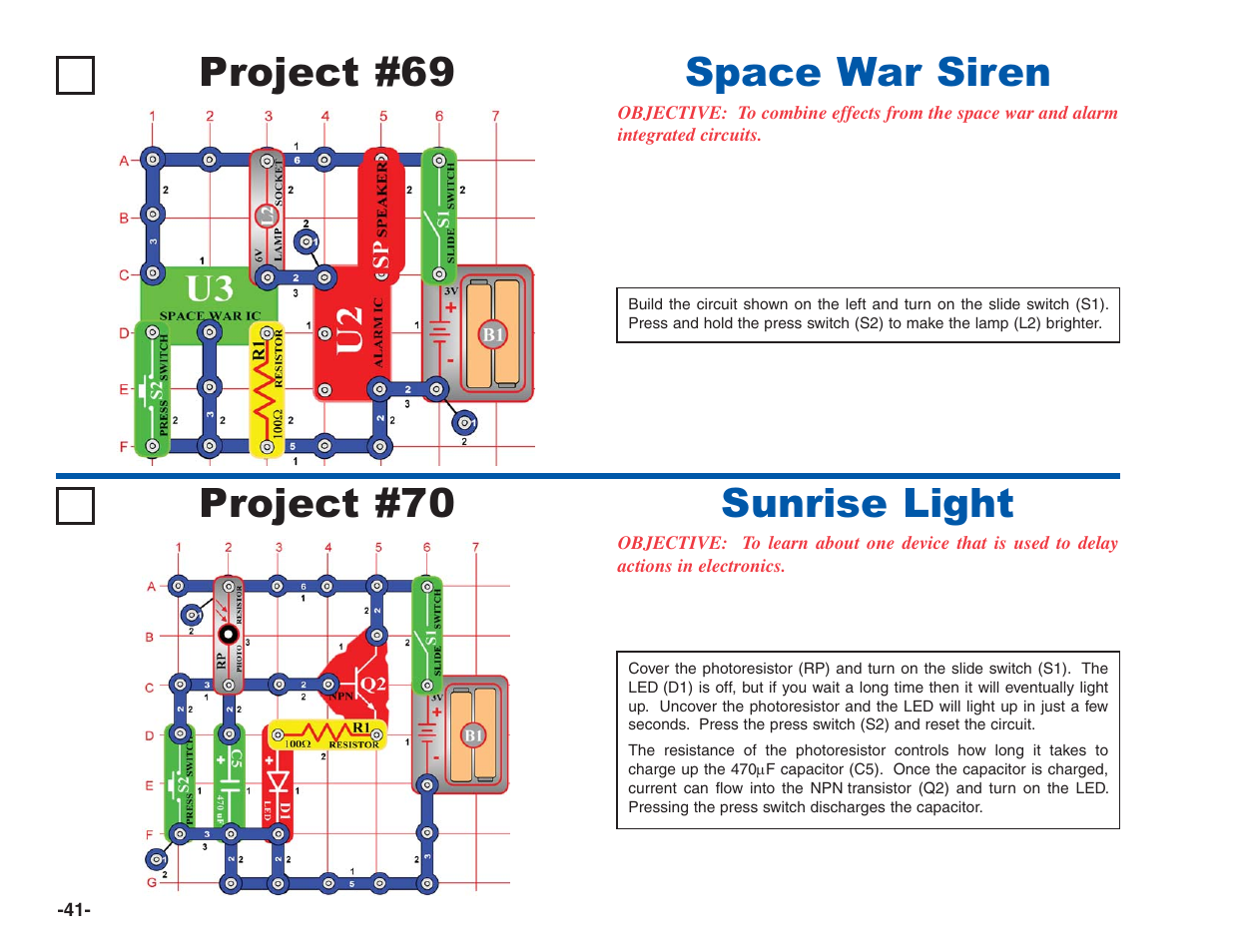 Project #69, Space war siren project #70, Sunrise light | Elenco Electronics 202 User Manual | Page 42 / 132