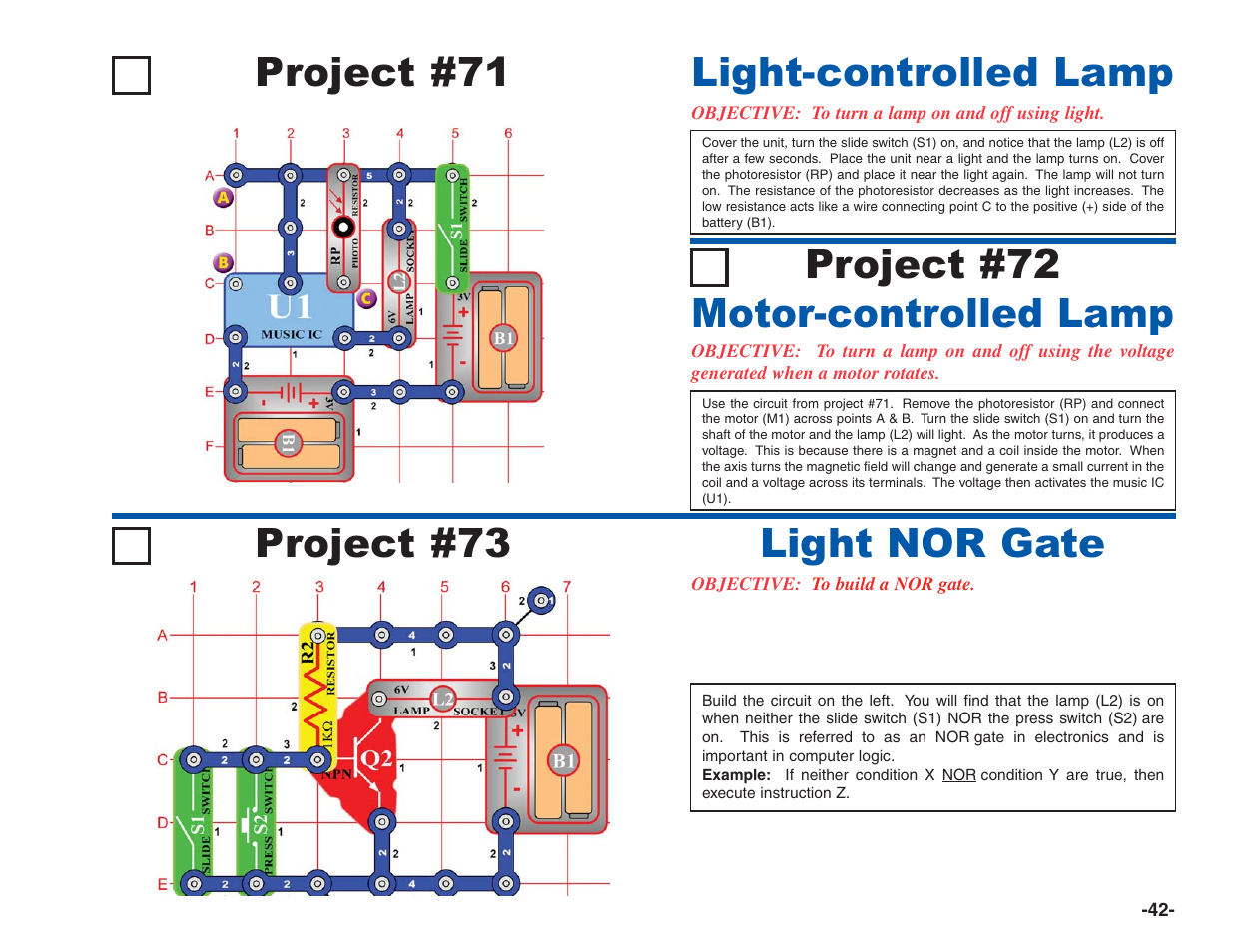 Project #71, Light-controlled lamp project #72, Motor-controlled lamp | Project #73, Light nor gate | Elenco Electronics 202 User Manual | Page 43 / 132