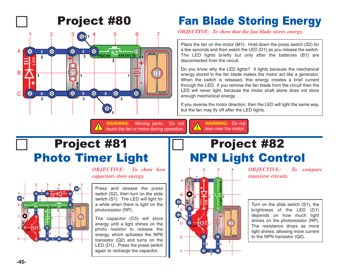 Project #80, Fan blade storing energy, Project #81 photo timer light | Project #82 npn light control | Elenco Electronics 202 User Manual | Page 46 / 132