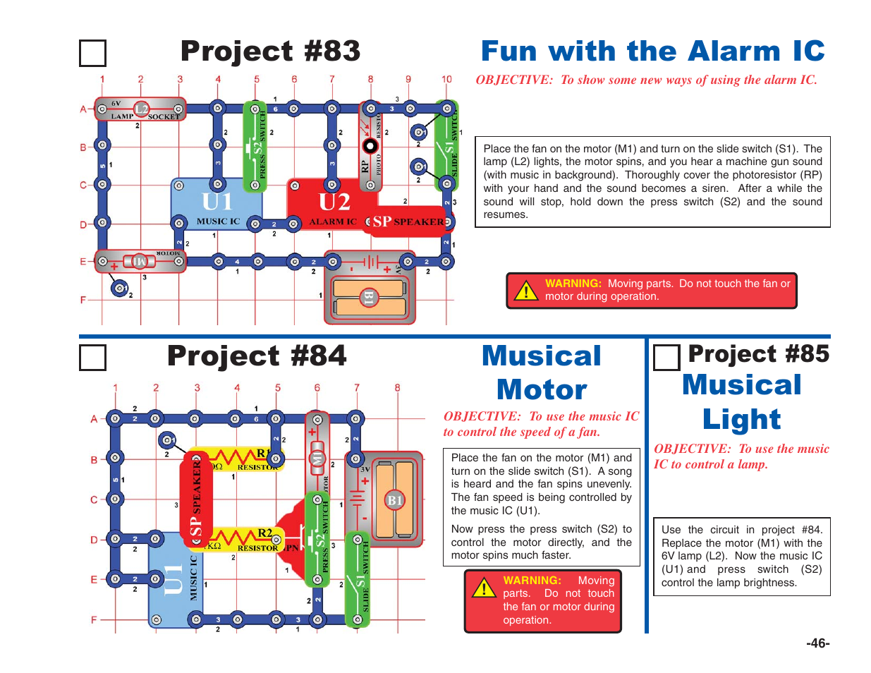 Project #83, Fun with the alarm ic project #84 musical motor, Musical light | Project #85 | Elenco Electronics 202 User Manual | Page 47 / 132