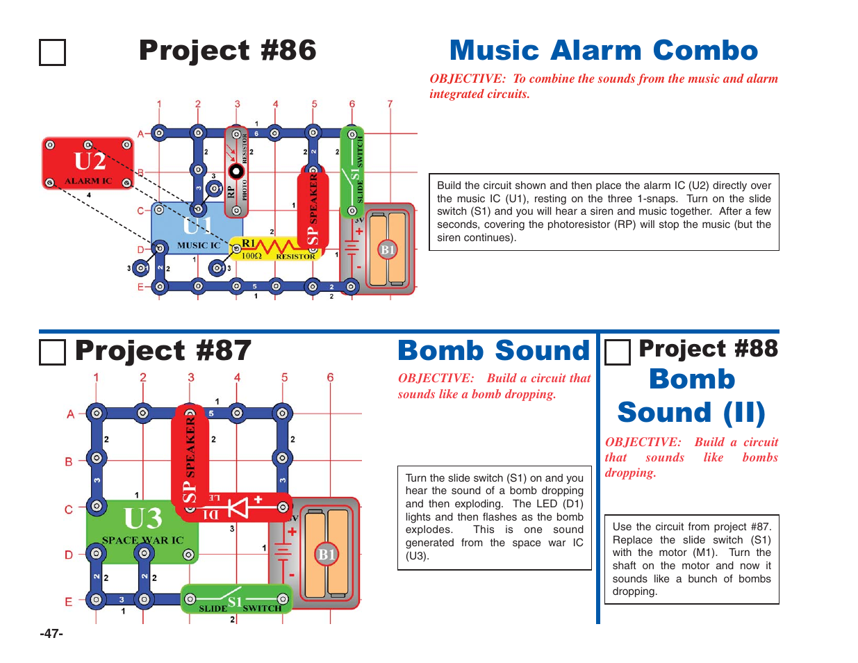Project #86, Music alarm combo project #87 bomb sound, Bomb sound (ii) | Project #88 | Elenco Electronics 202 User Manual | Page 48 / 132
