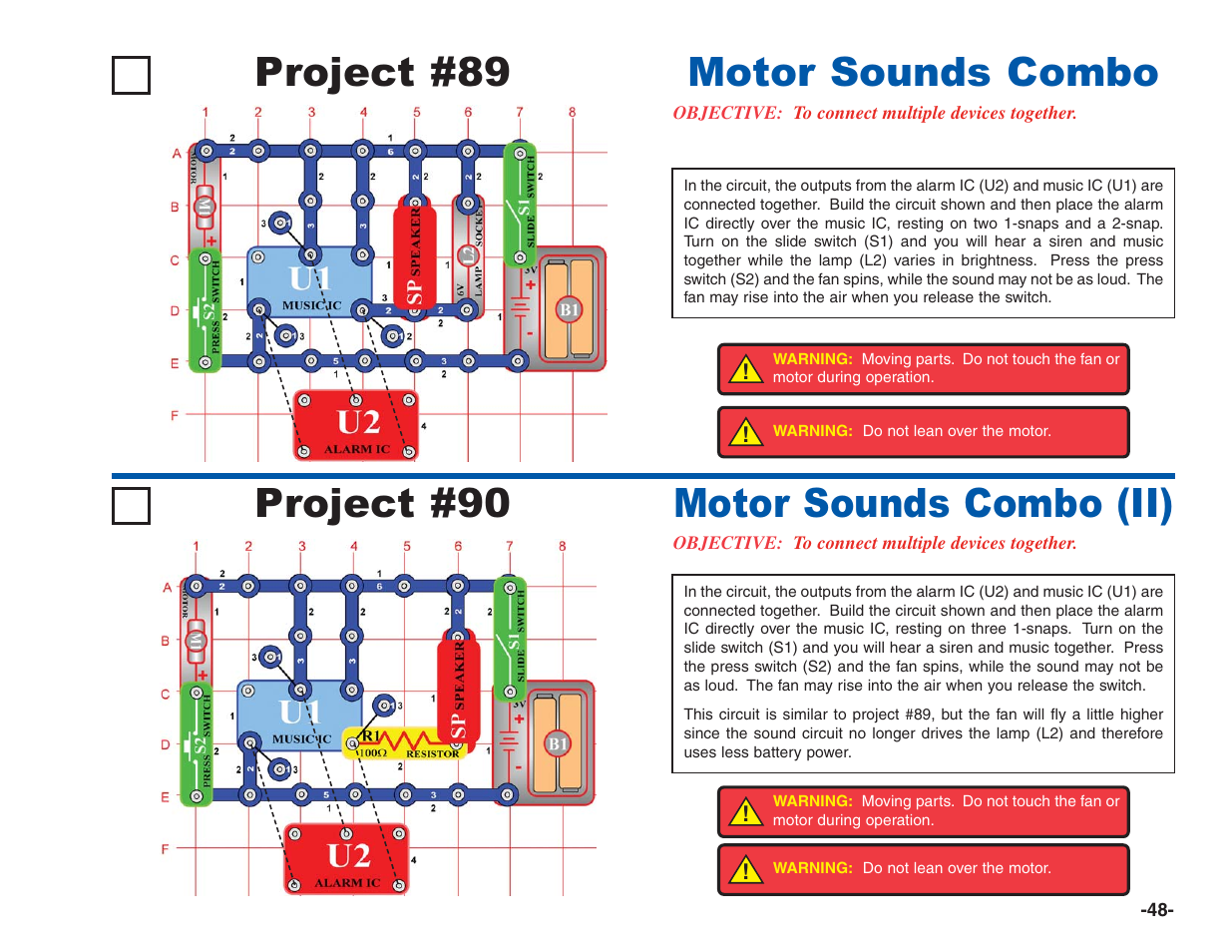 Project #90, Project #89, Motor sounds combo | Motor sounds combo (ii) | Elenco Electronics 202 User Manual | Page 49 / 132