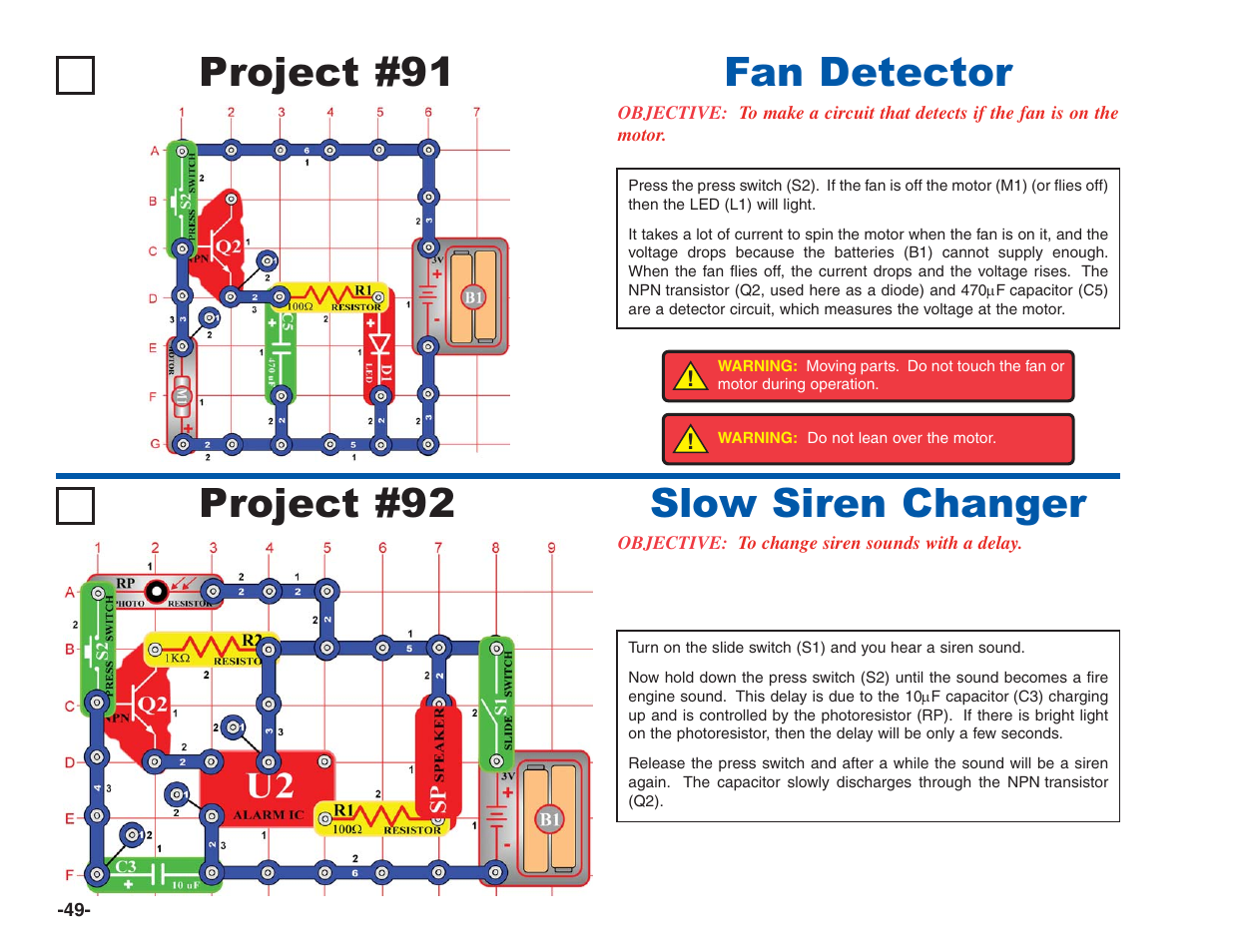 Project #91, Fan detector project #92, Slow siren changer | Elenco Electronics 202 User Manual | Page 50 / 132