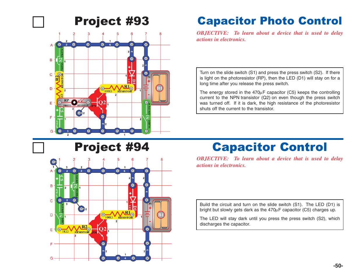 Project #93, Project #94, Capacitor control | Capacitor photo control | Elenco Electronics 202 User Manual | Page 51 / 132
