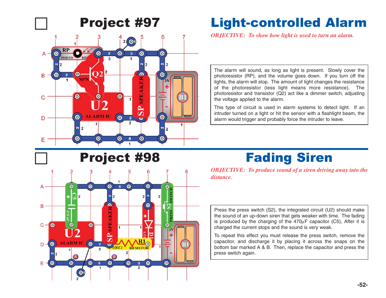 Project #97, Light-controlled alarm project #98 fading siren | Elenco Electronics 202 User Manual | Page 53 / 132