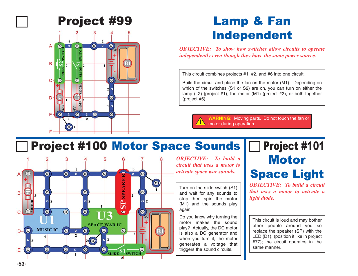 Project #99, Project #101 motor space light | Elenco Electronics 202 User Manual | Page 54 / 132