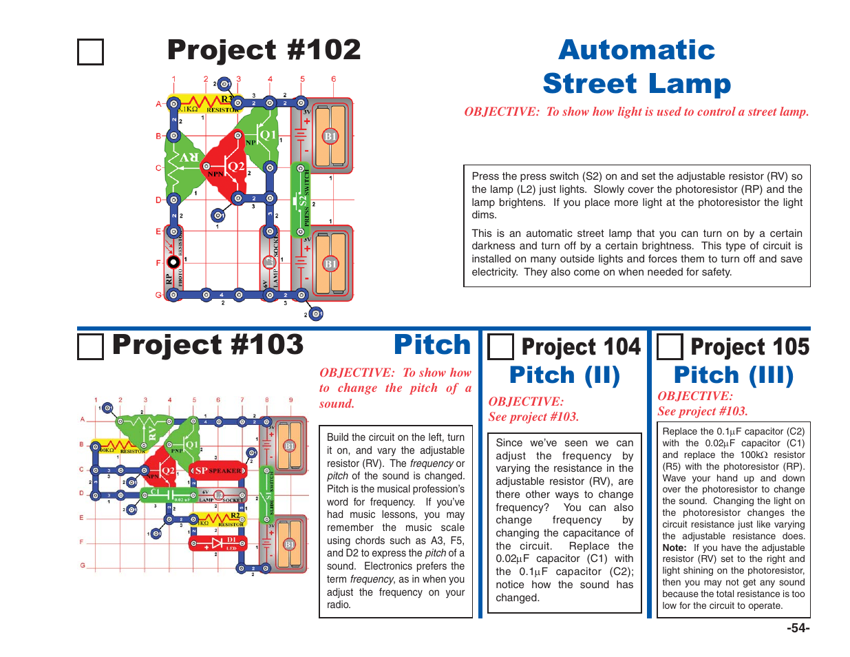 Project #102, Automatic street lamp, Project #103 pitch | Project 105 pitch (iii), Project 104 pitch (ii) | Elenco Electronics 202 User Manual | Page 55 / 132