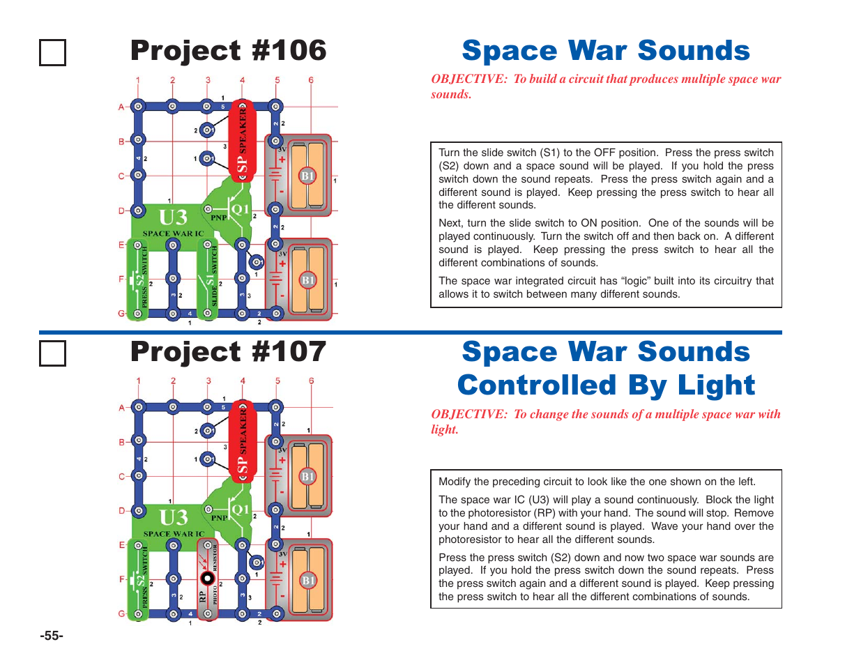 Project #106, Space war sounds project #107, Space war sounds controlled by light | Elenco Electronics 202 User Manual | Page 56 / 132