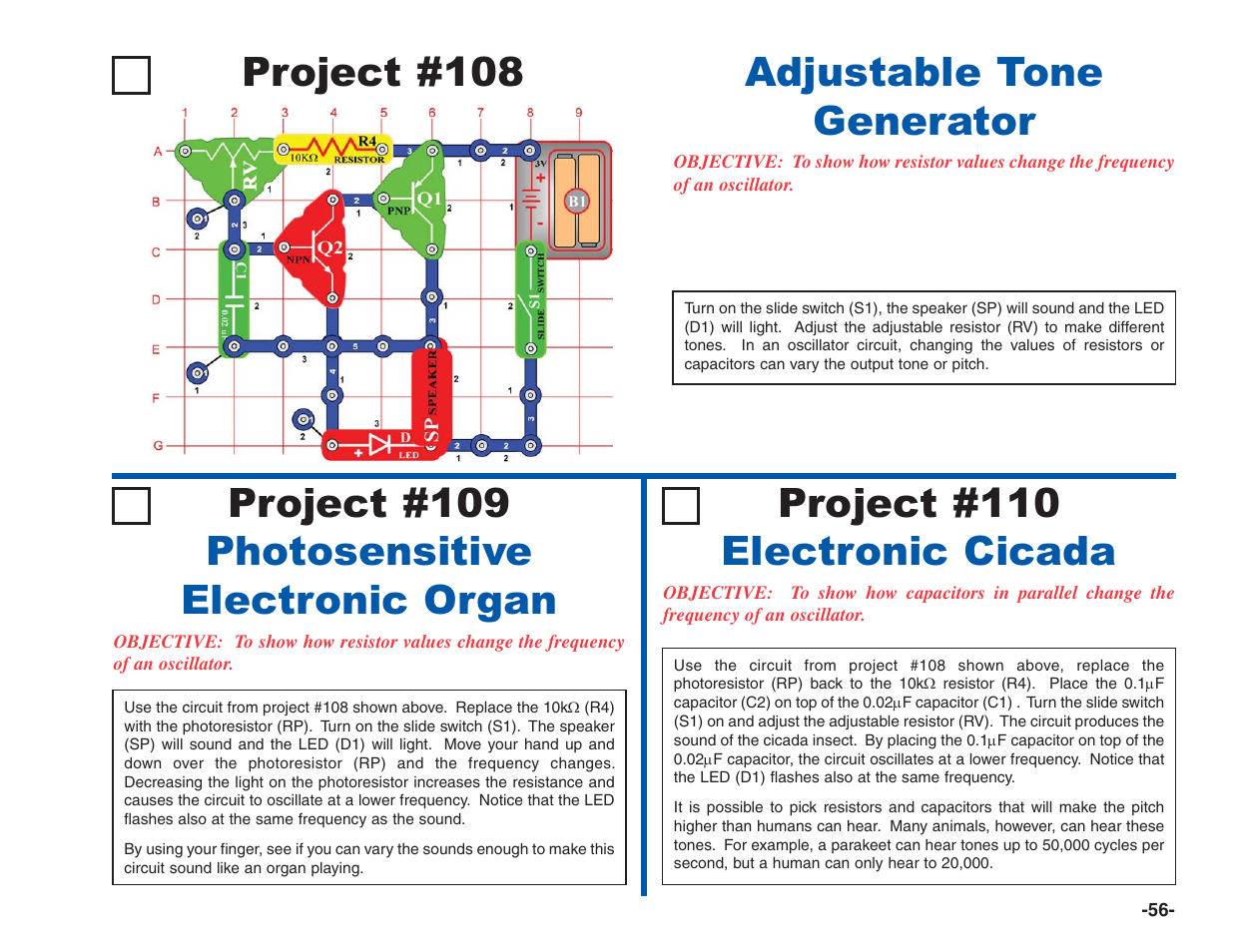 Project #108, Adjustable tone generator, Project #110 electronic cicada | Project #109 photosensitive electronic organ | Elenco Electronics 202 User Manual | Page 57 / 132