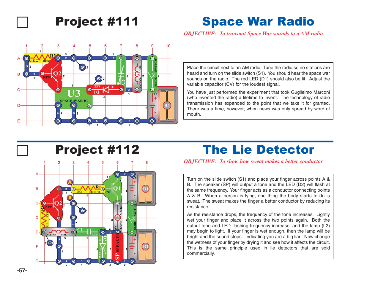 Project #111, Space war radio project #112, The lie detector | Elenco Electronics 202 User Manual | Page 58 / 132