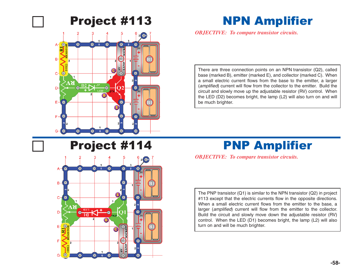 Project #113, Npn amplifier project #114, Pnp amplifier | Elenco Electronics 202 User Manual | Page 59 / 132