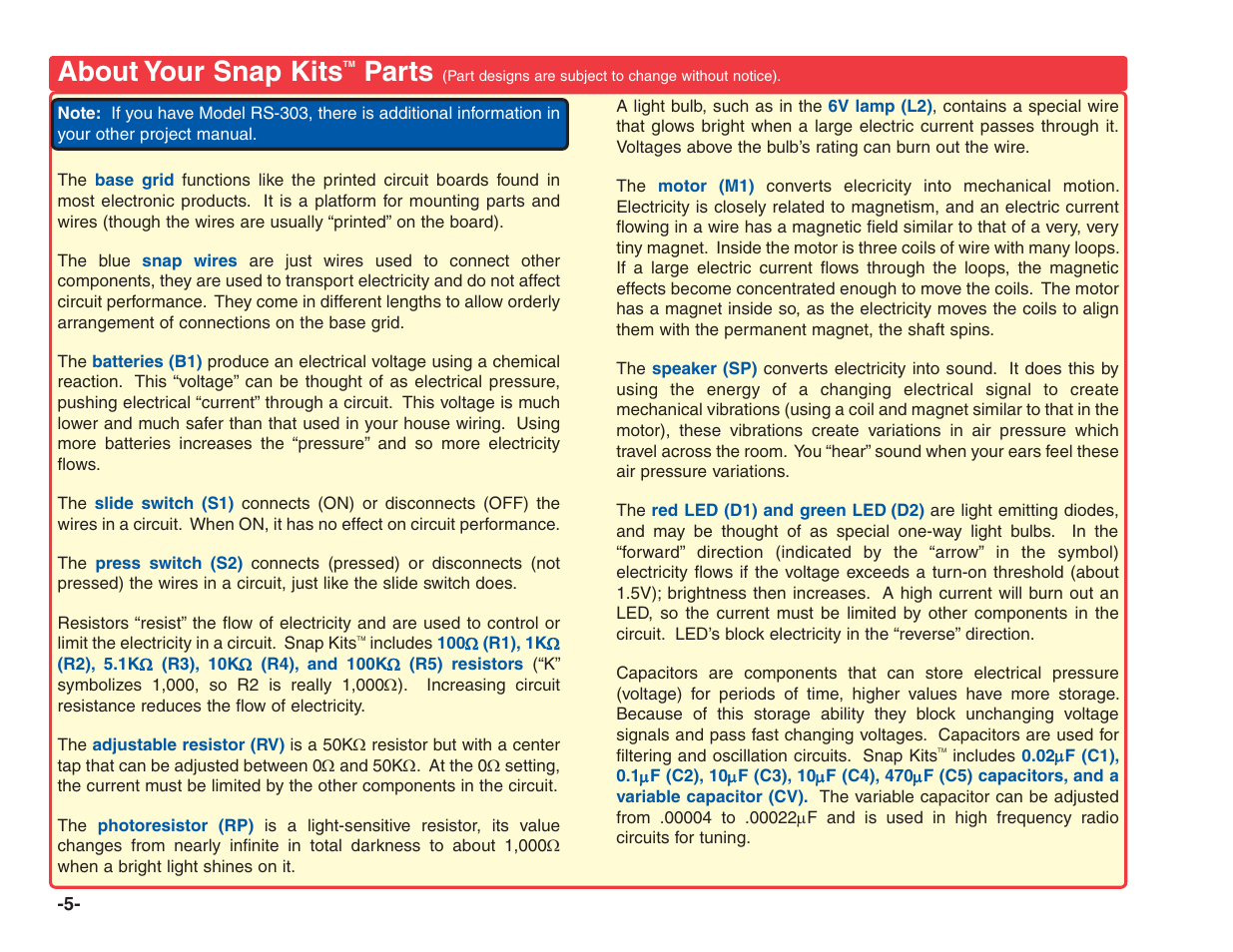 About your snap kits, Parts | Elenco Electronics 202 User Manual | Page 6 / 132