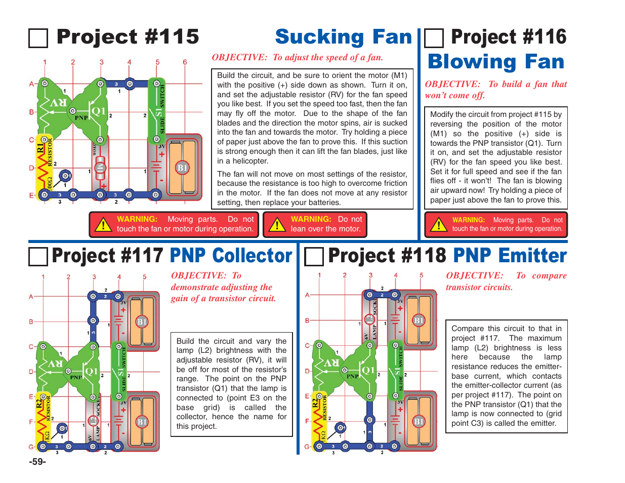 Project #115 sucking fan, Project #117 pnp collector | Elenco Electronics 202 User Manual | Page 60 / 132