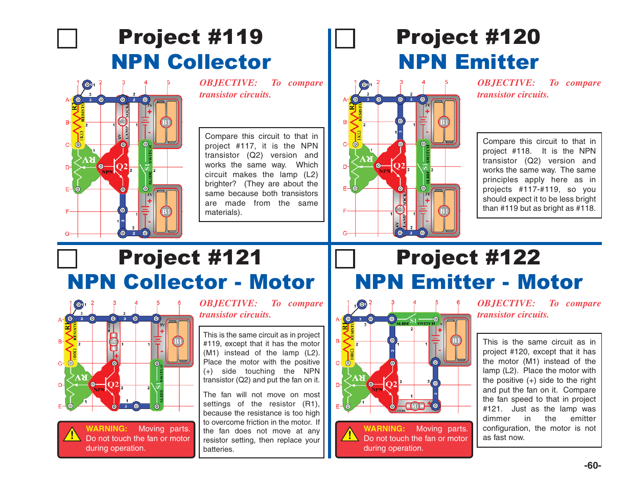 Project #119 npn collector, Project #120 npn emitter, Project #121 npn collector - motor | Project #122 npn emitter - motor | Elenco Electronics 202 User Manual | Page 61 / 132