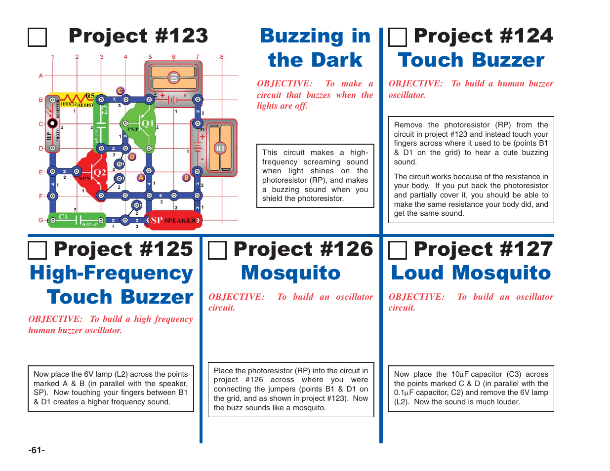 Project #123, Project #126 mosquito, Project #127 loud mosquito | Project #124 touch buzzer | Elenco Electronics 202 User Manual | Page 62 / 132