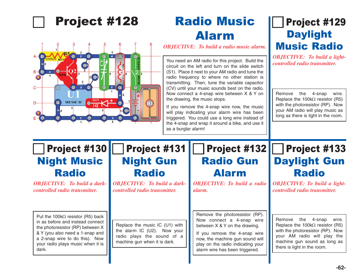 Project #128 radio music alarm, Project #130 night music radio, Project #132 radio gun alarm | Project #131 night gun radio, Project #133 daylight gun radio, Project #129 daylight music radio | Elenco Electronics 202 User Manual | Page 63 / 132