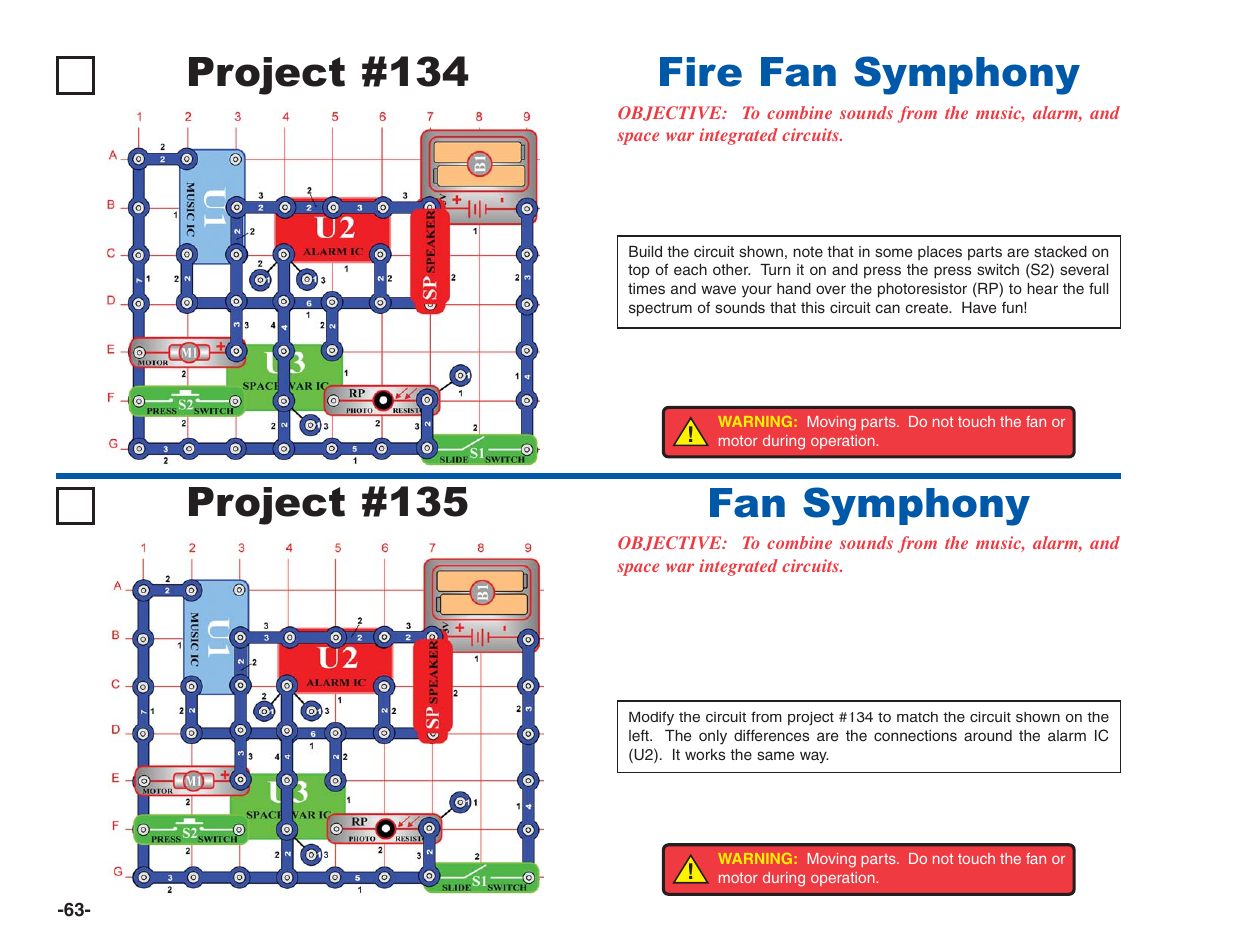 Project #134 fire fan symphony, Project #135 fan symphony | Elenco Electronics 202 User Manual | Page 64 / 132