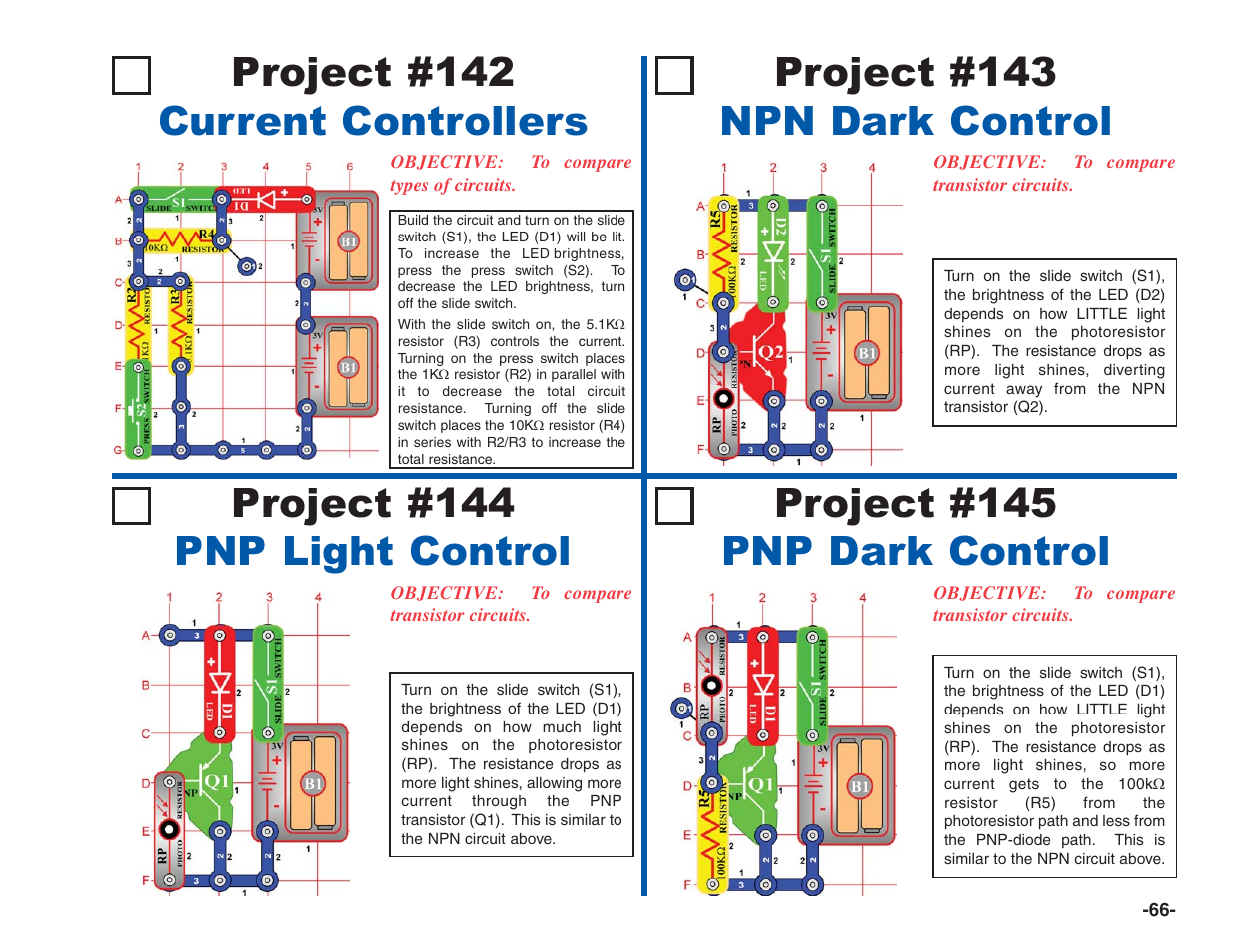 Project #142 current controllers, Project #143 npn dark control, Project #144 pnp light control | Project #145 pnp dark control | Elenco Electronics 202 User Manual | Page 67 / 132