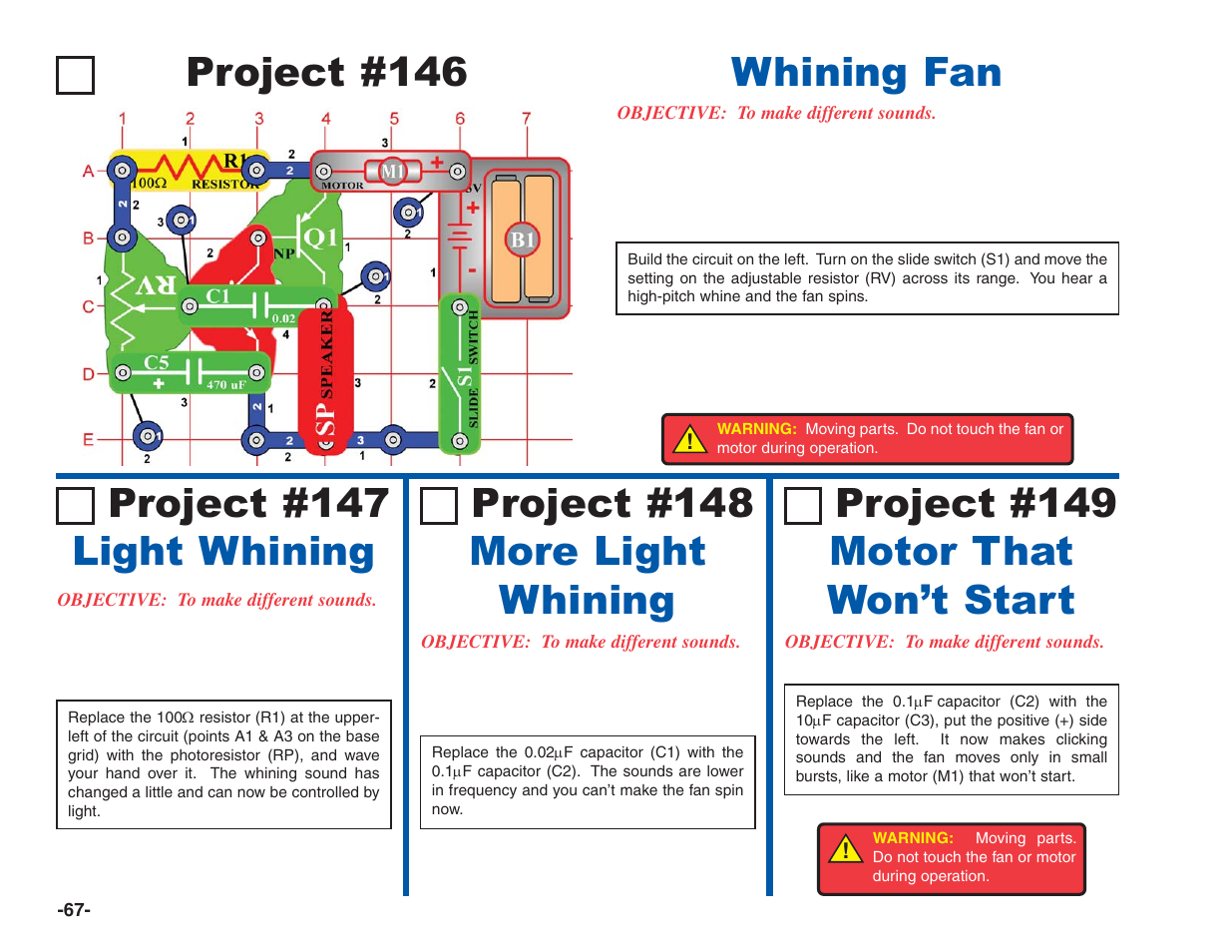 Project #146, Whining fan project #147 light whining, Project #148 more light whining | Project #149 motor that won’t start | Elenco Electronics 202 User Manual | Page 68 / 132