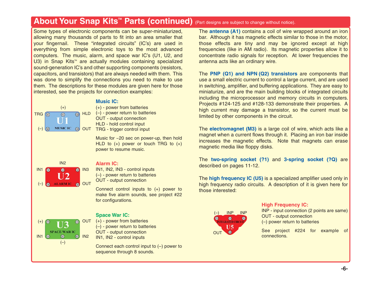 About your snap kits, Parts (continued) | Elenco Electronics 202 User Manual | Page 7 / 132