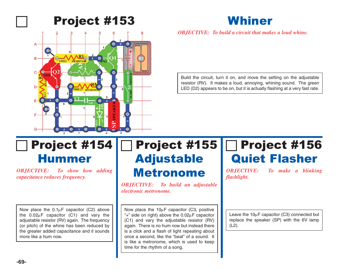 Project #153, Whiner project #154 hummer, Project #155 adjustable metronome | Project #156 quiet flasher | Elenco Electronics 202 User Manual | Page 70 / 132