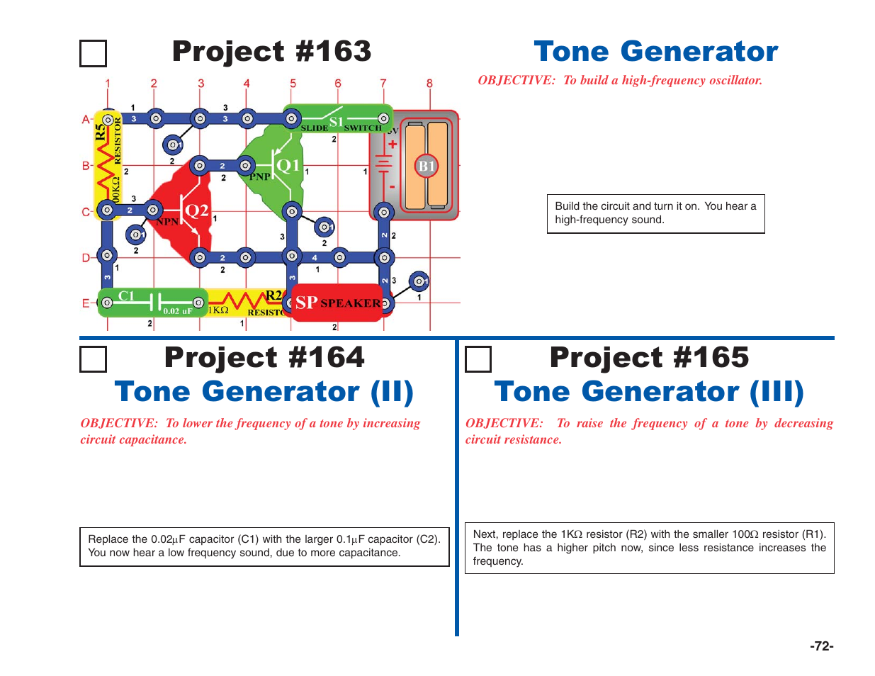 Project #163, Tone generator project #164 tone generator (ii), Project #165 tone generator (iii) | Elenco Electronics 202 User Manual | Page 73 / 132