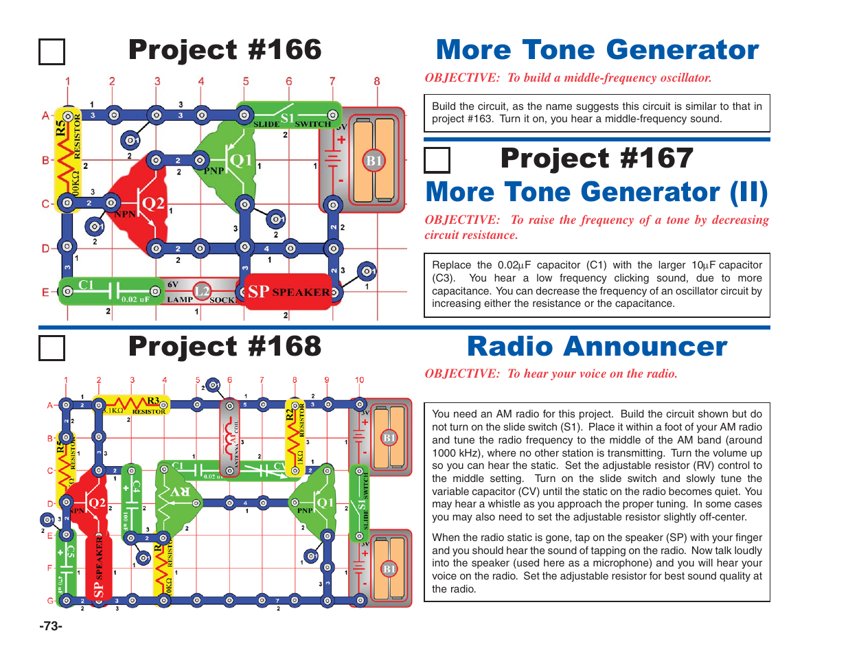 Project #166, More tone generator, Radio announcer | Elenco Electronics 202 User Manual | Page 74 / 132