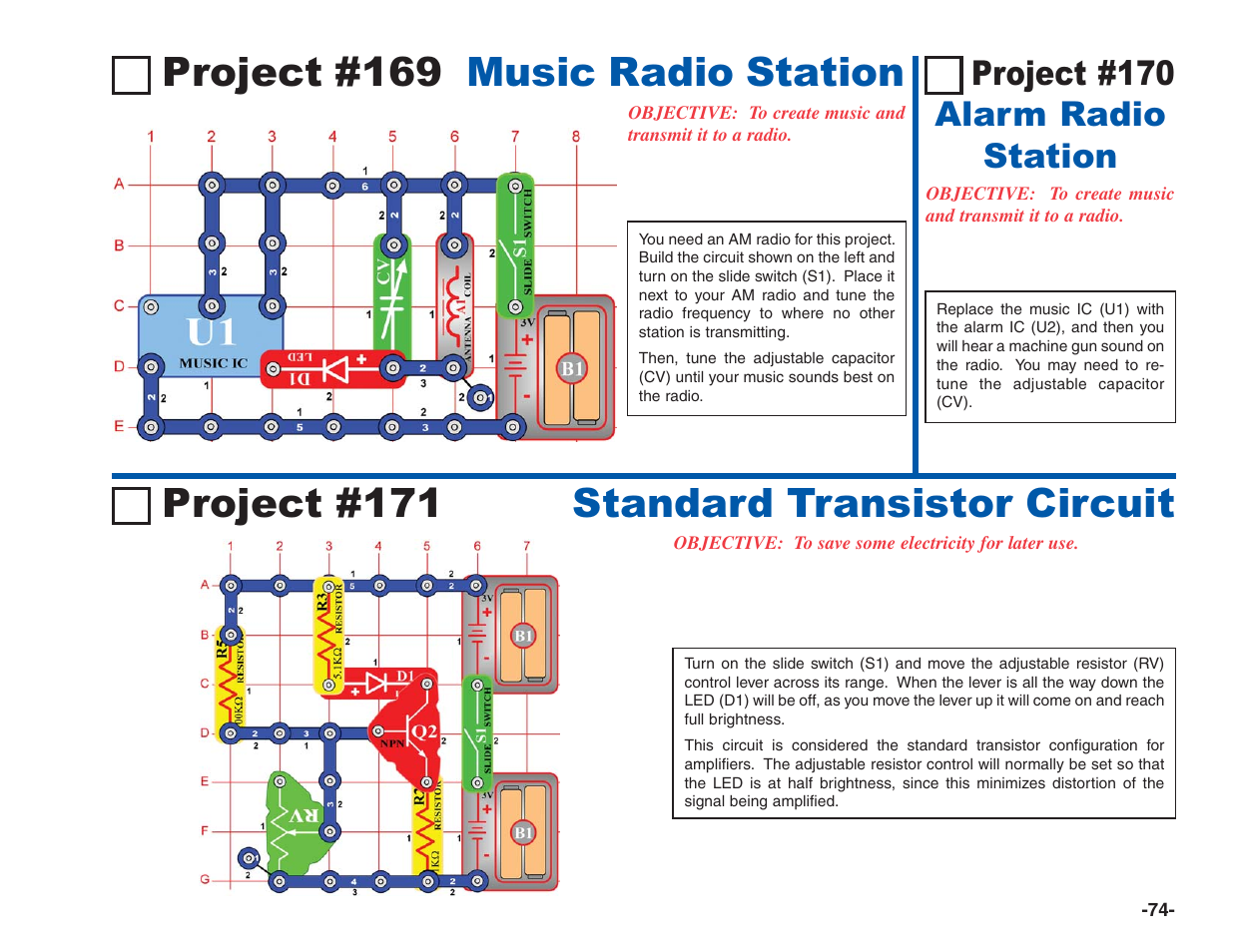 Project #169 music radio station, Project #171 standard transistor circuit, Project #170 alarm radio station | Elenco Electronics 202 User Manual | Page 75 / 132