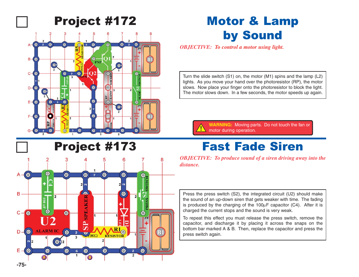 Project #173 fast fade siren, Project #172, Motor & lamp by sound | Elenco Electronics 202 User Manual | Page 76 / 132